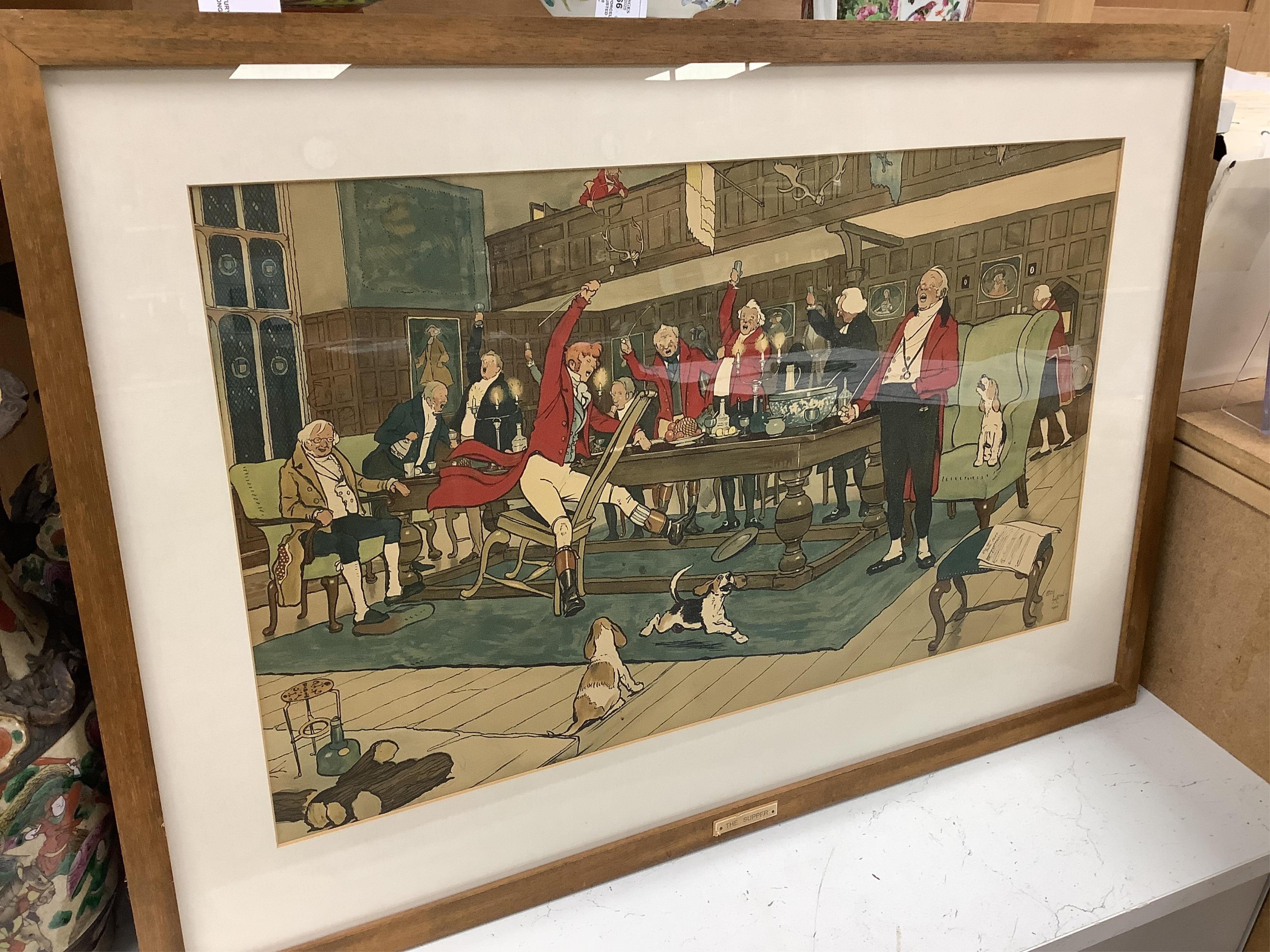 After Cecil Aldin (1870-1935), set of six colour hunting interest prints, to include 'Breaking cover', 'The Breakfast' and 'Full Cry', 37 x 60cm